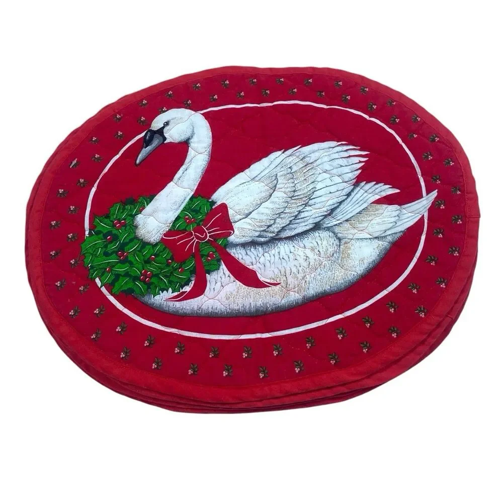 Set of 4 Vintage 1980s Christmas Holiday Goose Quilted Placemats Cottagecore Red